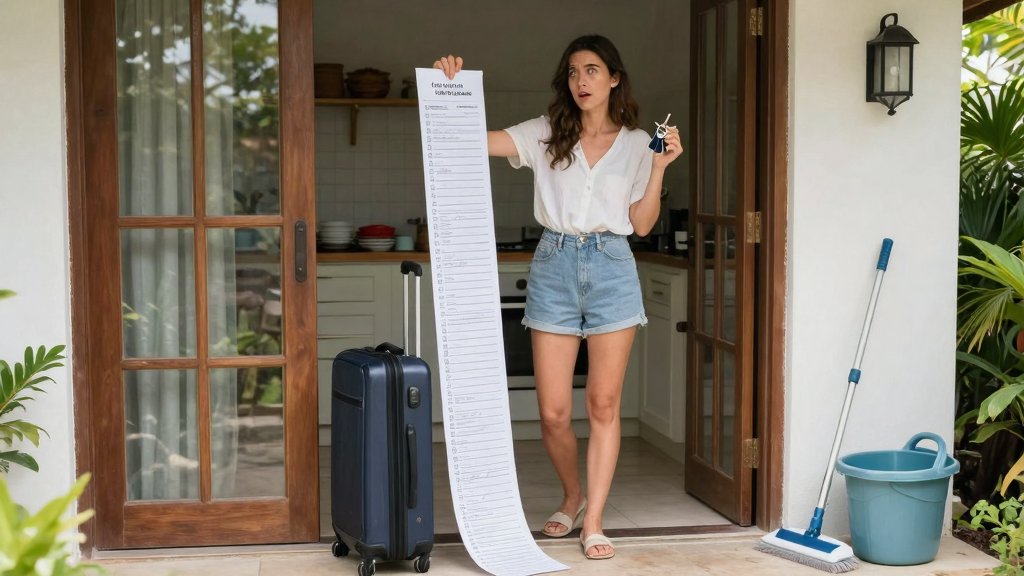 Viajera con maleta observa una larga lista de tareas de limpieza antes de salir de un alojamiento vacacional.