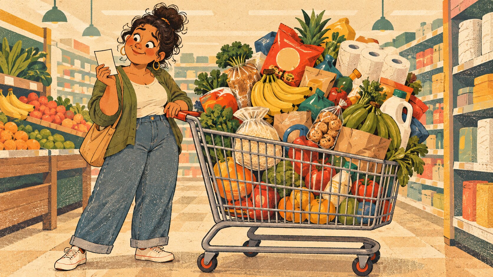 Smiling woman in green cardigan holds small list while pushing overflowing grocery cart filled with fruits, vegetables, bread, dairy.