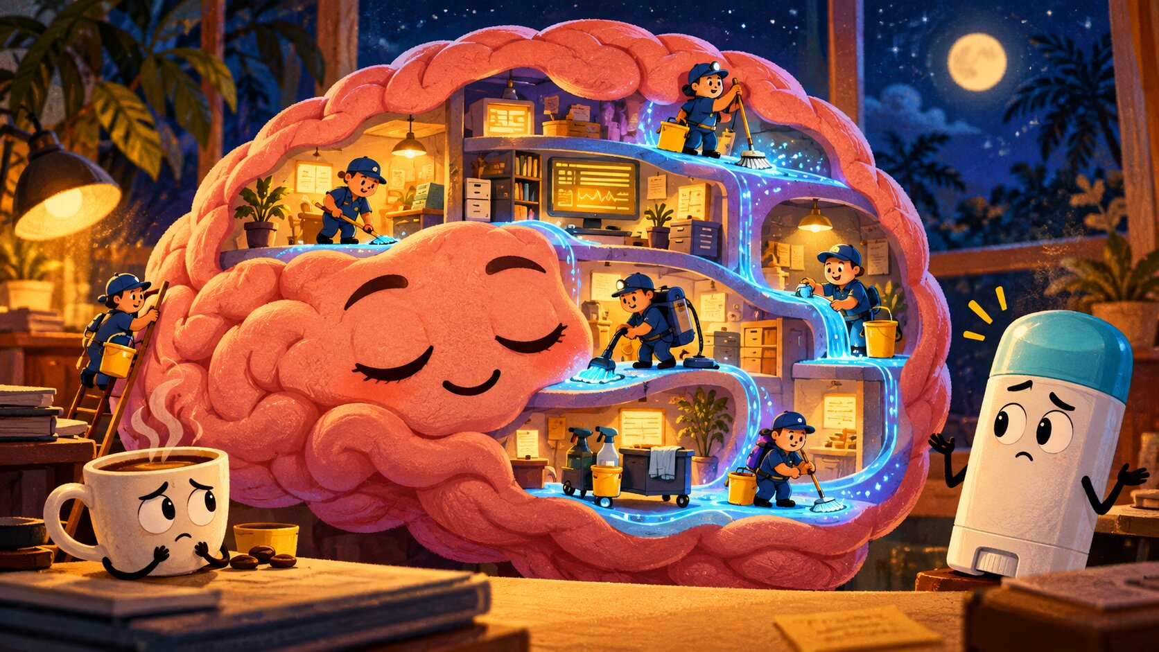 Ilustración de un cerebro dormido con personal de limpieza, una taza de café y un antiperspirante confundido.