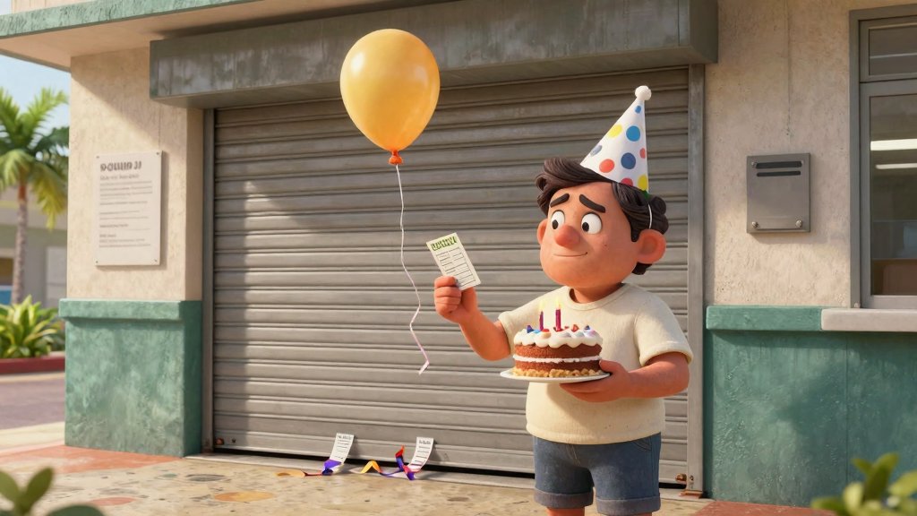 Persona con bizcocho de cumpleaños y número de turno frente a una ventanilla cerrada durante los feriados.
