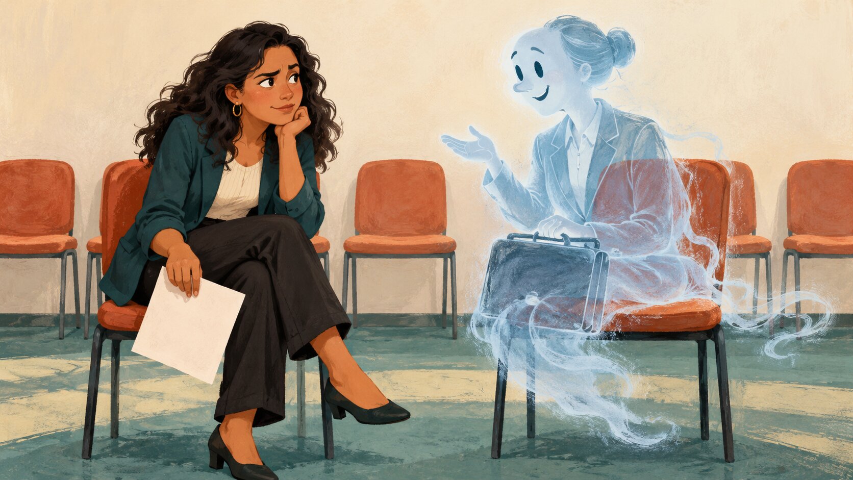 Persona con su resumé ante un reclutador fantasma, como metáfora de los empleos sin contratación activa.