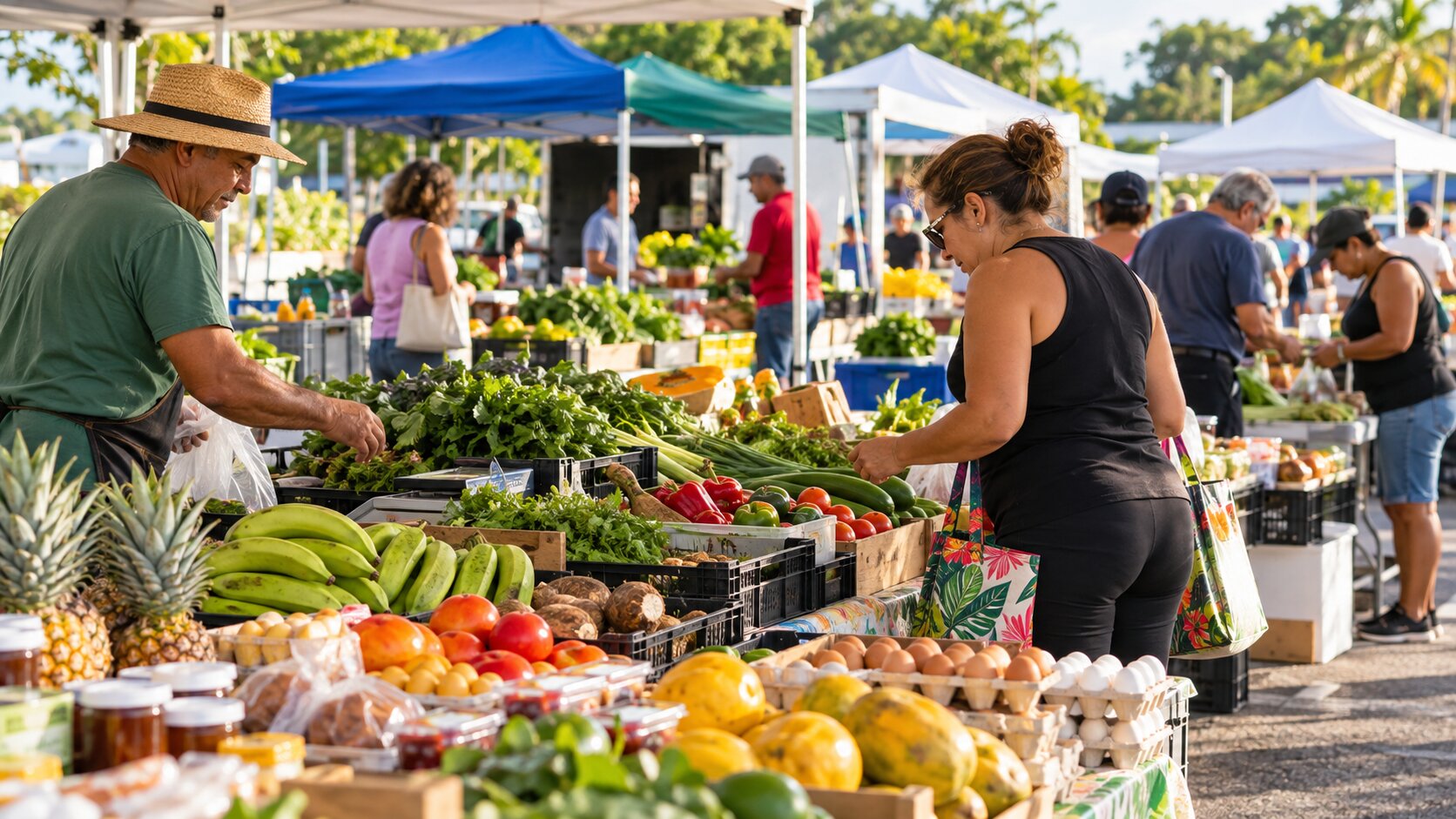 Mercado Familiar con agricultores, compradores y productos frescos locales durante una mañana de mercado.