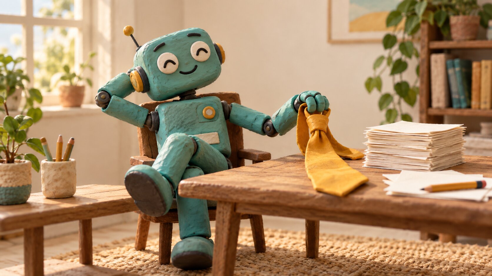 Robot de plastilina junto a una corbata demasiado grande, un borrador y un lápiz.