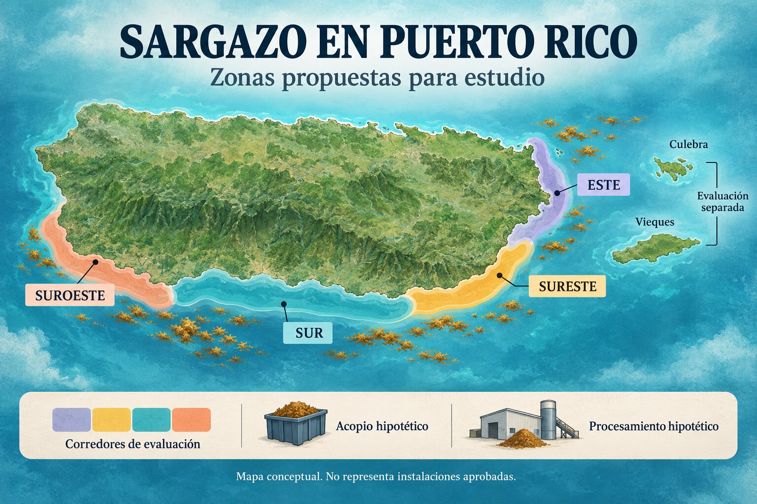 Mapa conceptual de zonas propuestas para estudiar el acopio y procesamiento de sargazo en Puerto Rico.