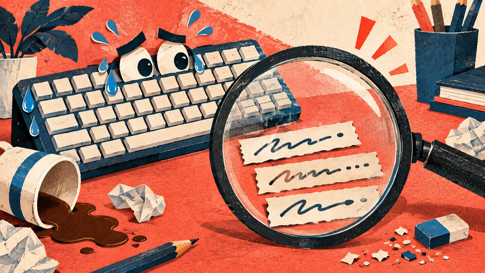 Ilustración humorística de un teclado nervioso bajo una lupa junto a tres tiras de papel.