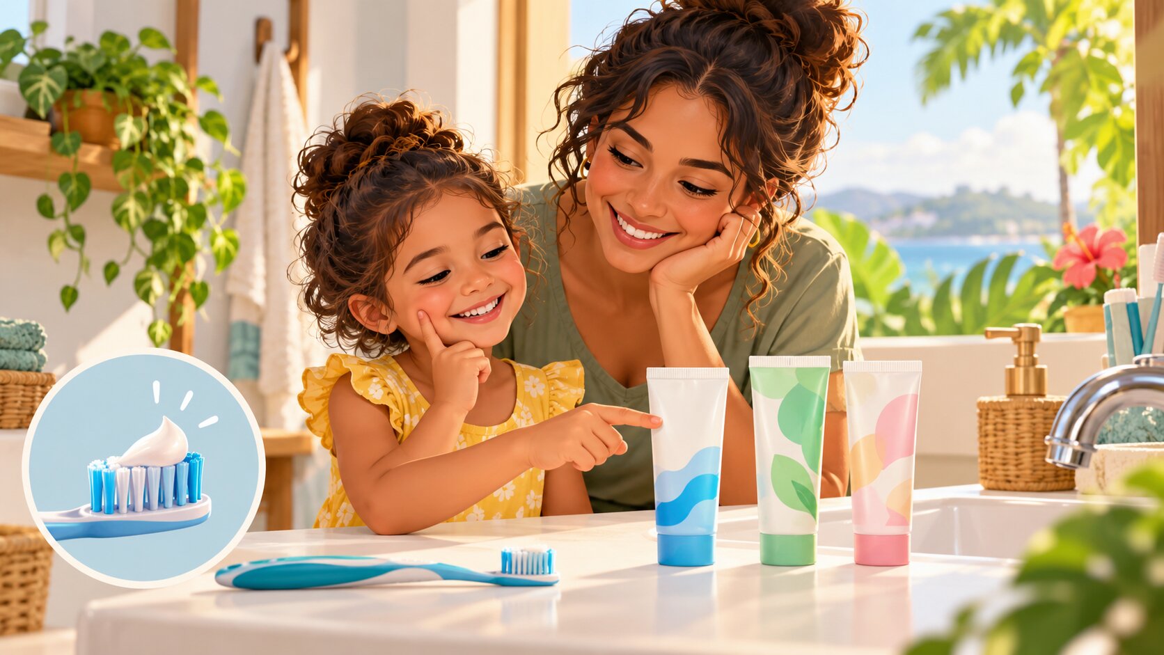 A parent and child compare toothpaste options while a small toothbrush shows an age-appropriate amount.